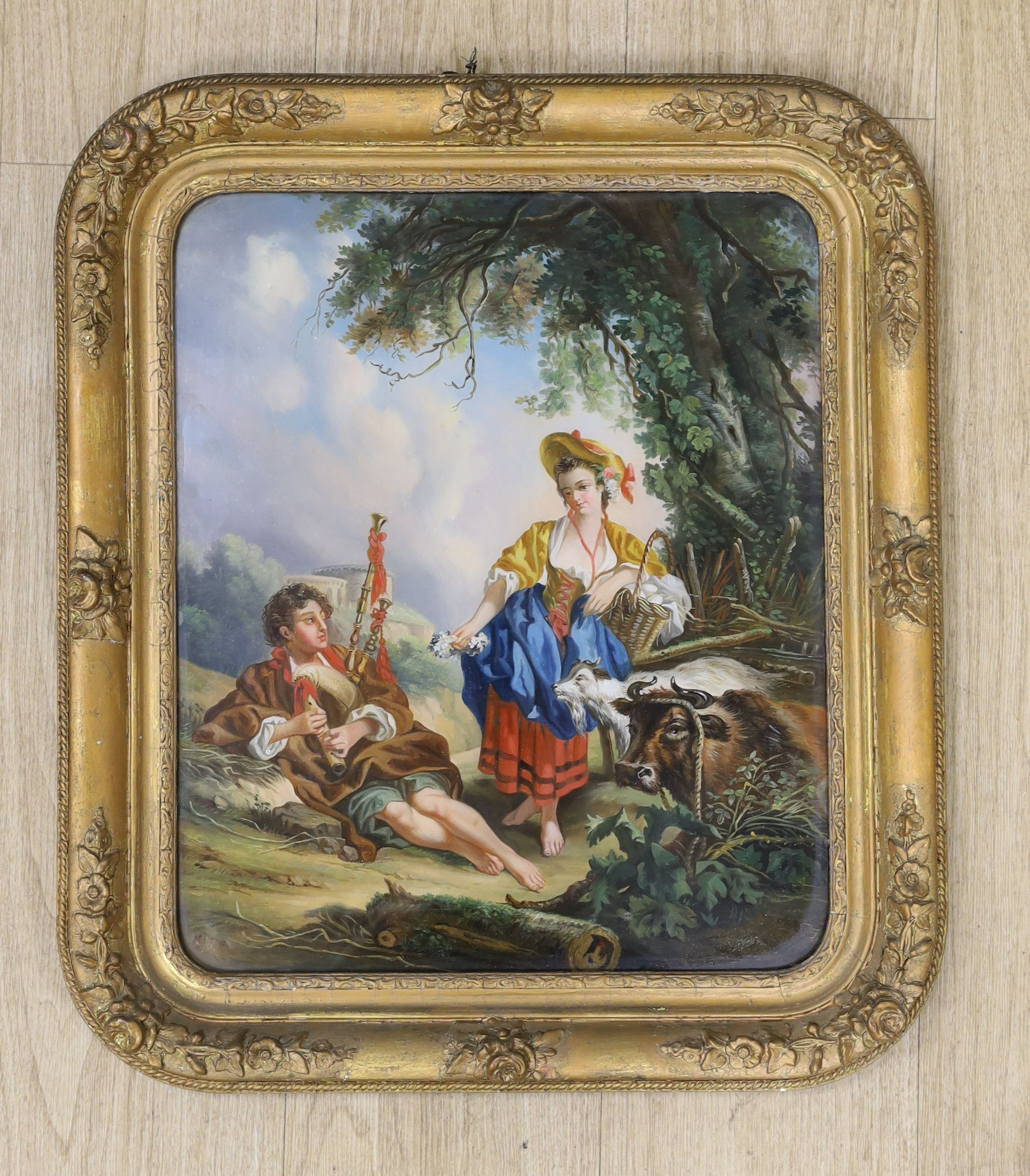 19th century Continental School, reverse painting on glass, Maiden and piper on a lane, 44 x 37cm